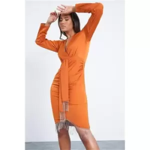 Image of I Saw It First Burnt Orange Woven Wrap Front Fringe Detail Long Sleeve Midi Dress - Orange