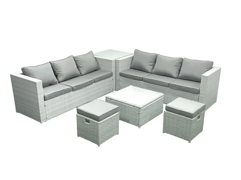 Image of Fimous Rattan Garden Outdoor Furniture Set 8 Seater Rattan Garden Sofa Set with 2 Small Footstool Side Table Light Grey Mixed Light Grey