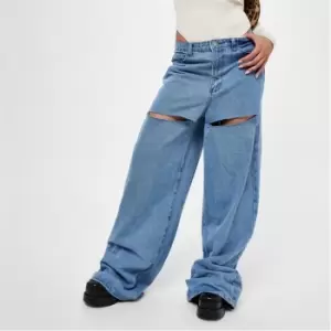 Image of Missguided Tall Rip Thigh Wide Leg Jeans - Blue