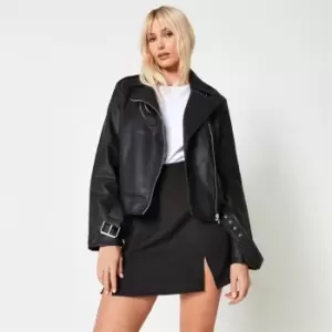 Image of Missguided Boxy Belted Faux Leather Biker Jacket - Black