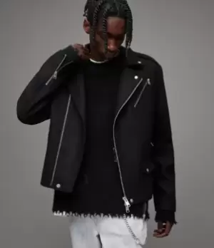 Image of AllSaints Mens Devoto Wool Blend Biker Jacket, Black, Size: L