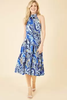 Image of Blue Paisley Floral Halter Neck Midi Dress