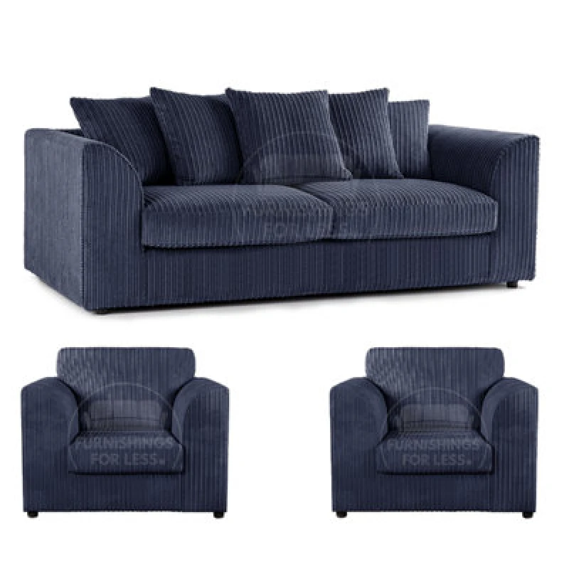 Image of Furnishings For Less UK Luxor Jumbo Cord 3 + 1 + 1 Fabric 3 Piece Sofa Suite - Scatter Back Navy Blue