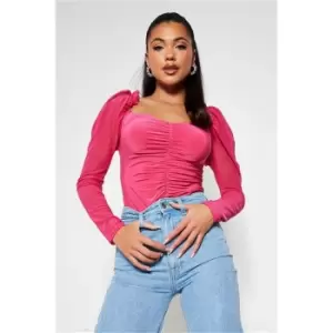 Image of I Saw It First Hot Pink Mesh Frill Sleeve Slinky Top - Pink