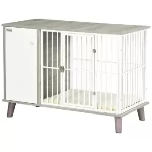 Image of PawHut Dog Crate Furniture, Indoor Pet Kennel Cage, Top End Table w/ Soft Cushion, Lockable Door, for Small Dogs, 98 x 48 x 70.5cm - Grey
