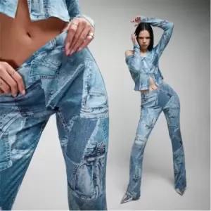 Image of Missguided Co Ord Denim Print Flared Trousers - Blue
