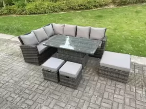 Image of Fimous 6 Seater Outdoor Dark Grey High Back Rattan Lounge Complete Sofa Set Left Side with Adjustable Dining Table, 2 Stools and Big Footstool