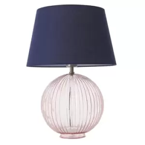 Image of Evie Table Lamp Dusky Pink Ribbed Glass & Navy Cotton 1 Light IP20 - E27