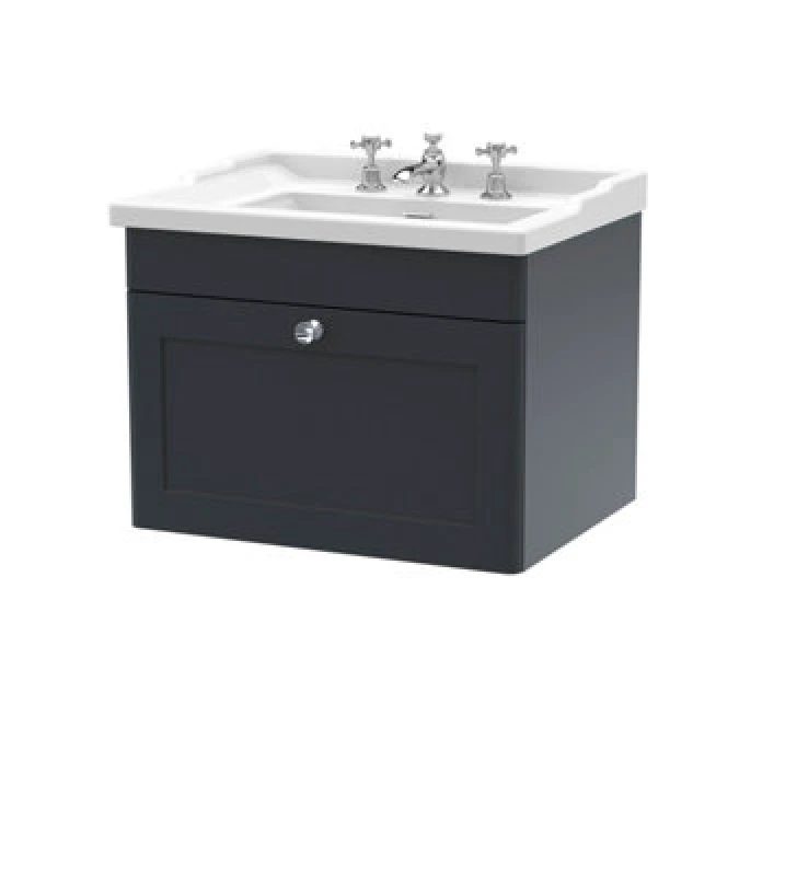 Image of NUIE Nuie Classique Wall Hung 1-Drawer Vanity Unit with Traditional Basin 600mm Wide Satin Anthracite - 3 Tap Hole CLC1494G