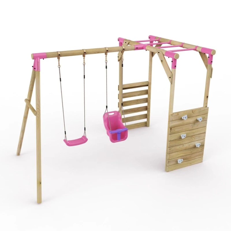 Image of Rebo Wooden Double Swing Set with Climbing Wall and Monkey Bars - Luna Pink Pink