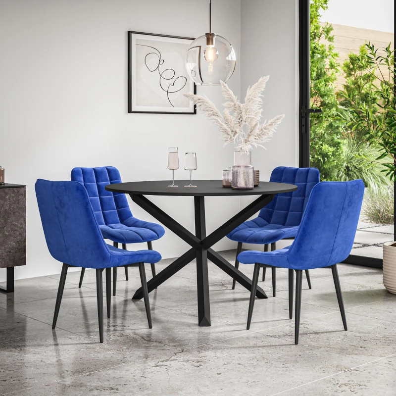 Image of More4Homes Malvern Round Dining Table And Chairs - Black Table Top W Solid Black Oak Legs + Nova Velvet Dining Chair Set Of 4 (Blue)