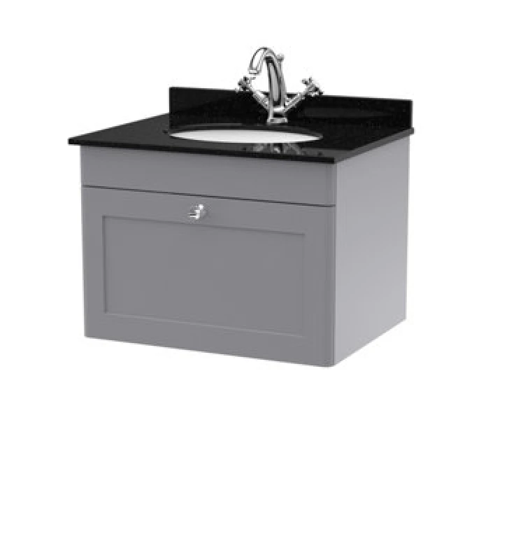 Image of Nuie Classique Wall Hung 1 Drawer Vanity Unit & 1 Tap Hole Black Marble Top With Oval Basin, Contemporary Sink Vanity Unit In