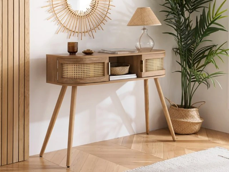 Image of Birlea Noah Rattan and Oak 2 Door Console Table