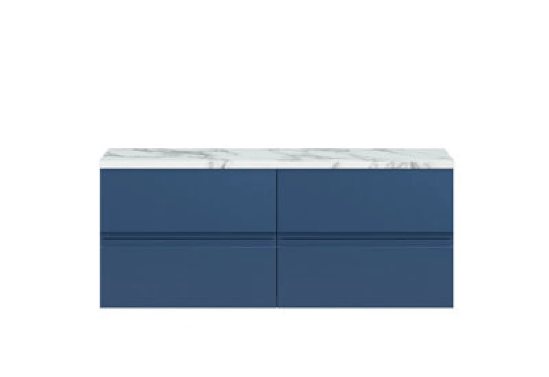 Image of Hudson Reed Urban Wall Hung Countertop Basin Unit, 2 Drawers Vanity Unit And Matt Carrera Marble Worktop In Satin Blue, 1200mm
