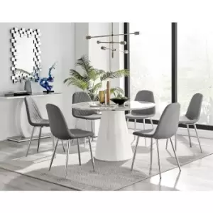 Image of Furniturebox Palma White Marble Effect 120cm Round Minimalist Dining Table & 6 Grey Corona Faux Leather Dining Chairs with Silver Legs Diamond Stitch