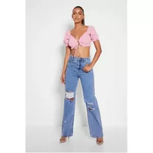 Image of I Saw It First Pink Textured Gingham Puff Sleeve Cropped Bralet - Pink