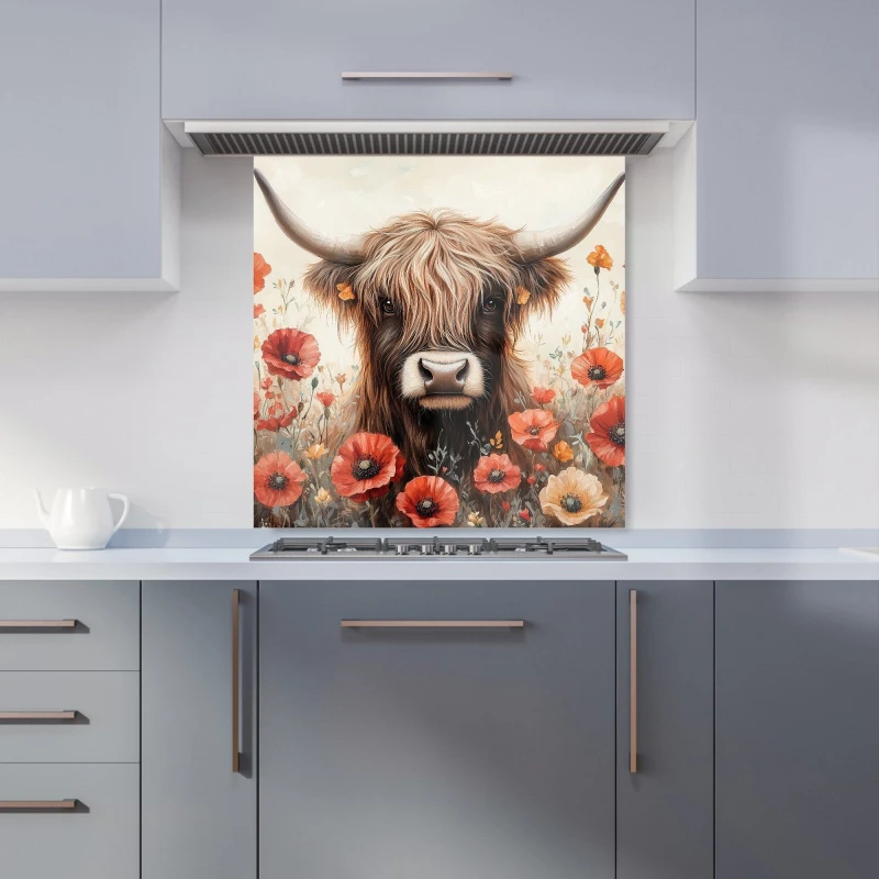 Image of Warren Reed - Designer Highland Cow & Summer Flowers Kitchen Splashback Size: 600mm x 600mm Multicolor Unisex 600mm x 600mm