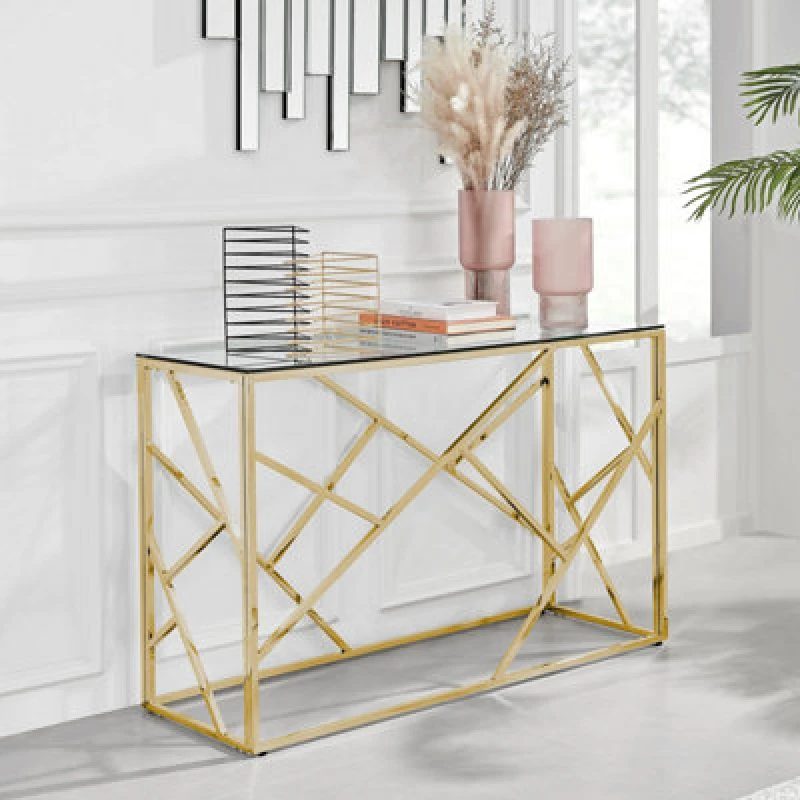 Image of FurnitureboxUK FurnitureboxUK Amalfi Console Table - Rectangular Clear Glass & Chromed Metal Table - Abstract Pattern - Sleek, Chic, Bright & Airy in