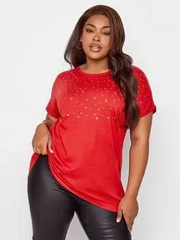Image of Yours Yours Short Sleeve Embellsihed T-Shirt Red, Red, Size 14, Women