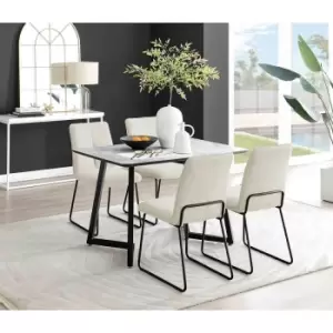 Image of Furniture Box Carson White Marble Effect Dining Table and 4 Cream Halle Chairs