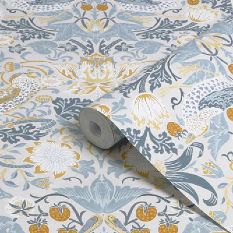 Image of William Morris at Home Strawberry Thief Damask Wallpaper, Soft Blue