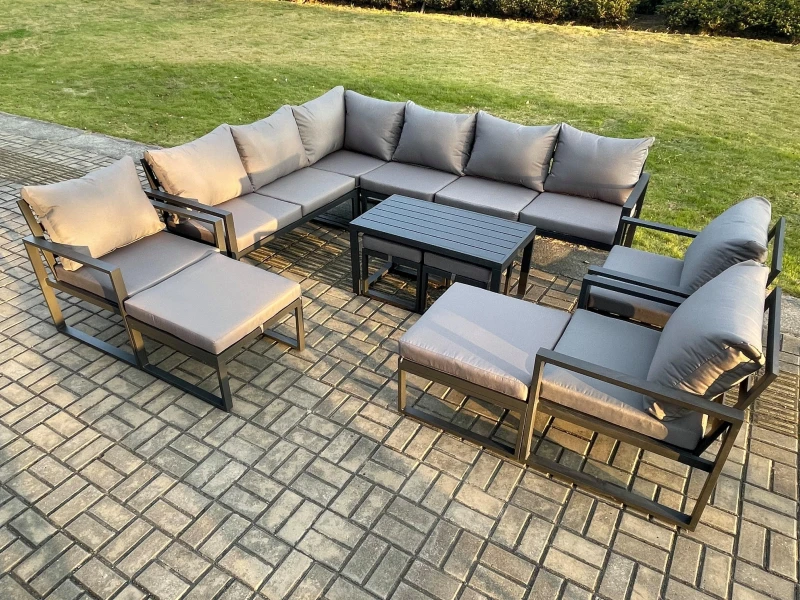 Image of Fimous 13 Seater Aluminium Outdoor Garden Furniture Set Patio Lounge Sofa with Oblong Coffee Table Chair 2 Small Footstools 2 Big Footstools Dark Grey