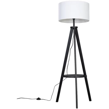 Image of Morrigan Tripod Shelf Floor Lamp in Black with Large Reni Shade - White - No Bulb