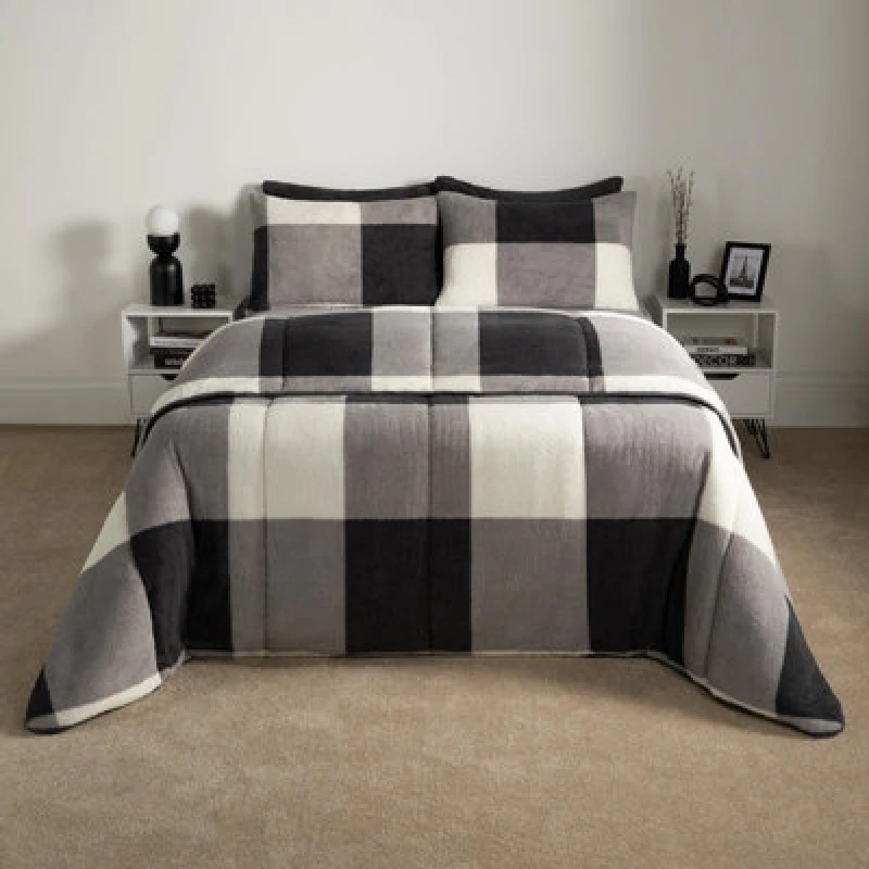 Image of OHS OHS Check Coverless Duvet Pillowcase Bedding Set Teddy Fleece Gingham Quilt 10.5 TOG in Light Grey Size: Double Light Grey Double Unisex 5027434