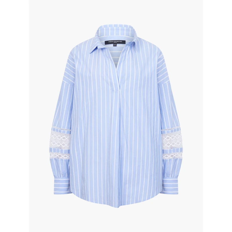 Image of French Connection Womens Cambria Stripe Embroidered Long-Sleeve Patterned Shirt Blue/White female 8 (XS)