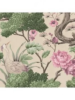 Image of Woodchip & Magnolia Crane Bird Rose Pink Cream Wallpaper