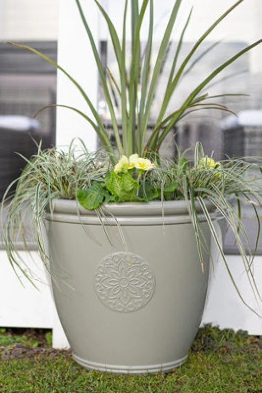 Image of Plant Avenue Lightweight Recycled Plastic Garden Pot Planter With Drainage Holes Eden Emblem L45 X W45 X H38cm - Grey