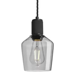 Image of Industville Knurled Tinted Glass Schoolhouse Pendant in Smoke Grey with Black Holder / Large