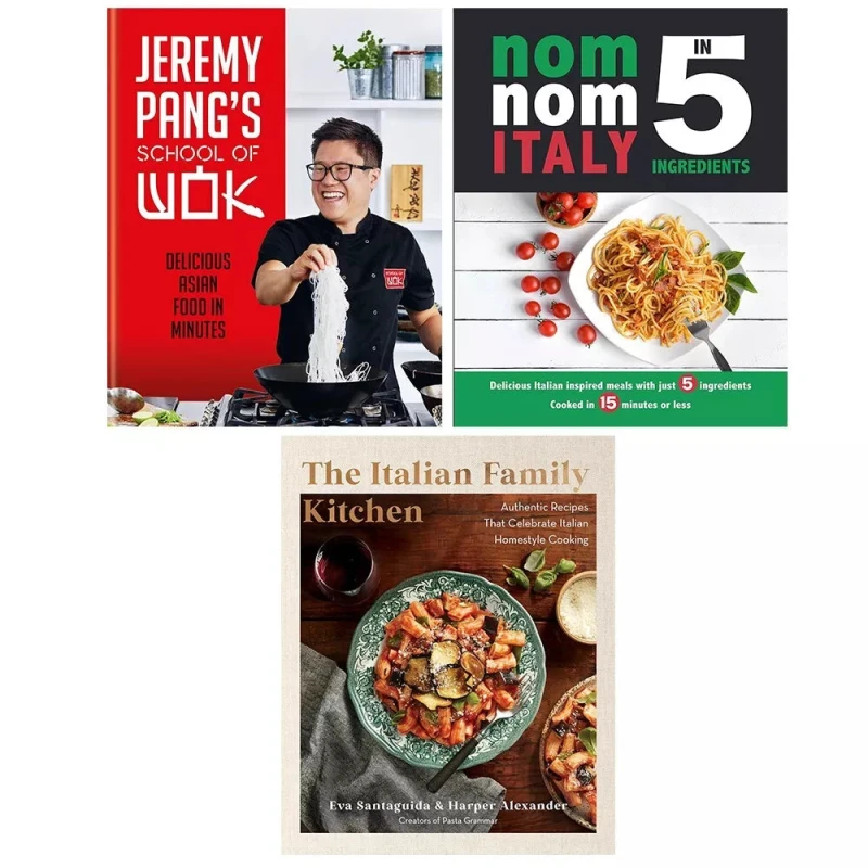 Image of Jeremy Pang School of Wok, Italian Family Kitchen, Nom Nom Italy 3 Books Set Eva Santaguida, Harper Alexander, Jeremy Pang, Iota