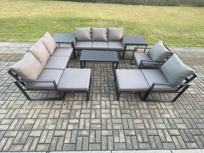 Image of Fimous Aluminium Outdoor Garden Furniture Lounge Sofa 2 PC Chairs Oblong Coffee Table Sets with 2 Side Tables 2 Big Footstool Dark Grey Dark Grey Unis