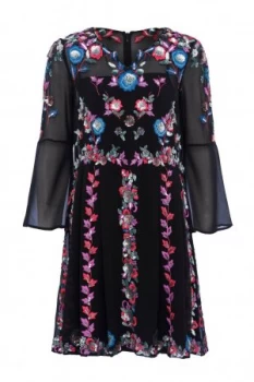 Image of French Connection Edith Floral Bell Sleeve Flared Dress Black Multi