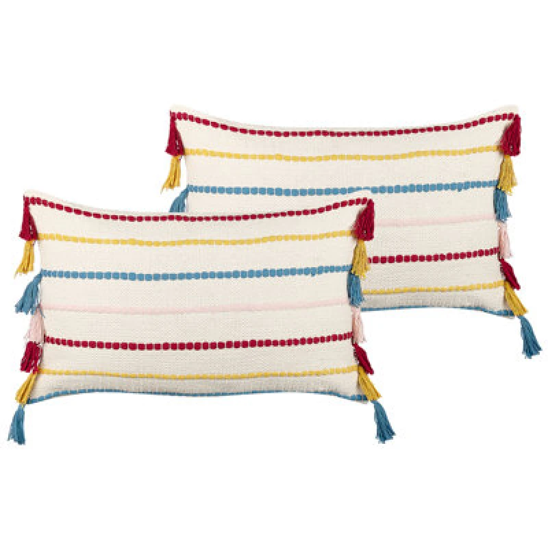 Image of Beliani Set Of 2 Decorative Cushions Agave Cotton 40 X 60 Cm Light Beige Striped