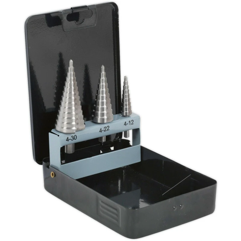 Image of Loops 3 Piece HSS 4341 Double Flute Step Drill Bit - 3 Sizes - Precision Hole Drilling Multi