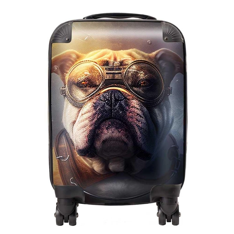 Image of Warren Reed - Designer Bulldog With Glasses Splashart Golden Suitcase in Brown Size: Small Brown Unisex Small
