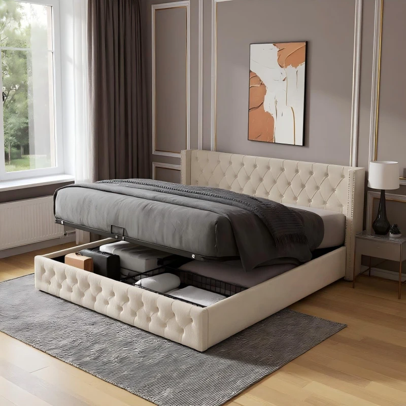 Image of Urban Meuble Upholstered King Bed Frame with Tufted Headboard Beige unisex King size