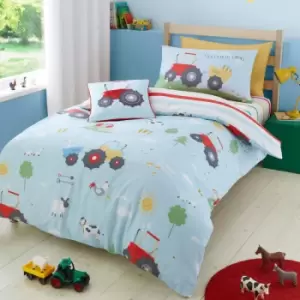 Image of Farmyard Friends Print 100% Cotton Reversible Duvet Cover Set, Blue, Double - Bedlam