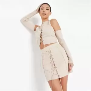 Image of Missguided Rib Lace Up Mini Skirt - Neutral