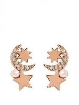 Image of Radley Rose Gold Tone Sterling Silver And Pearl Detail Moon And Star Ladies Drop Earrings