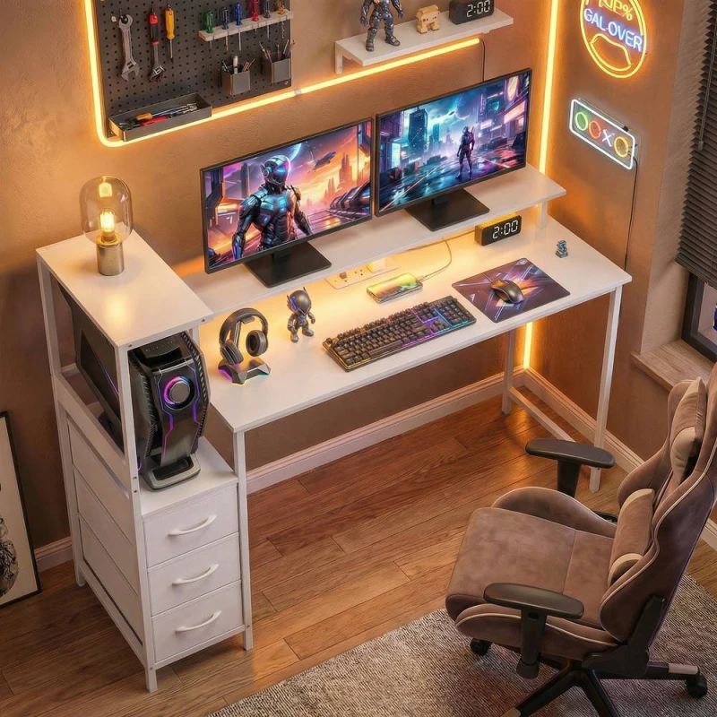 Image of HOMCOM 147cm Gaming Desk with Charging Station & RGB Lights in White White Unisex