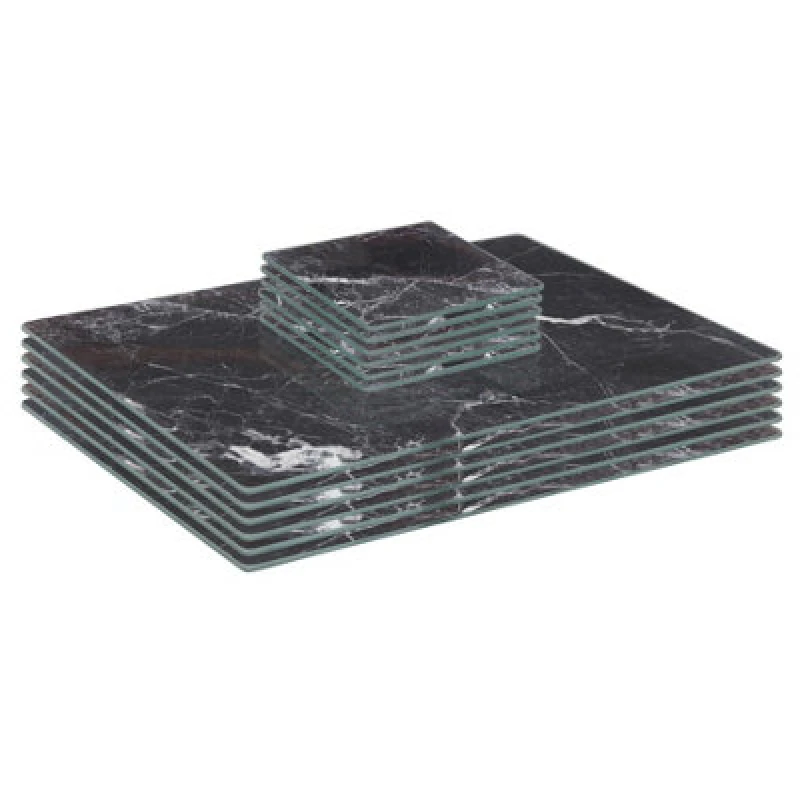 Image of Harbour Housewares 12Pc Glass Placemats & Square Coasters Set - 30 X 20Cm Black Marble Dining Table Protection Place Mats Coasters
