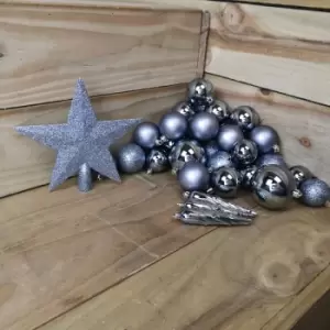 Image of 33 Assorted Shatterproof Christmas Baubles With Star Tree Topper - Blue Stone