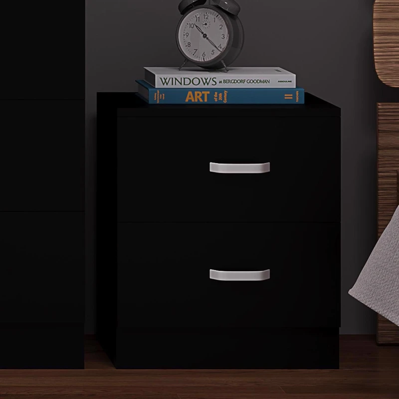 Image of FWStyle FWStyle Black 2 Drawer Bedside Table Chest Scratch Resistant Black One Size Unisex 5056413127693