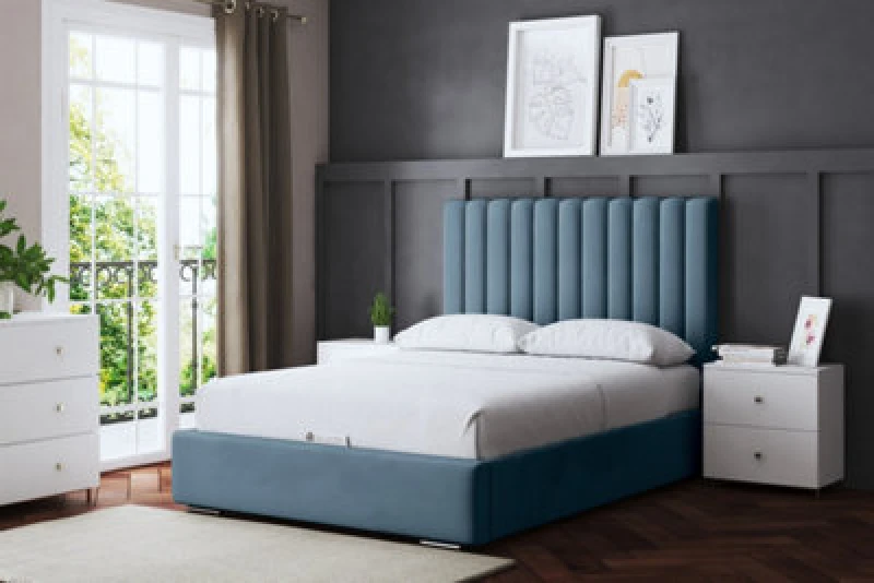 Image of DS LIVING Evangeline Blue Upholstered Panel Bed Double AM_TUBES_DBL_BLU