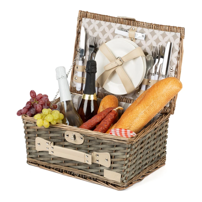 Image of LIVIVO Traditional Picnic Wicker Basket - Including 30 Piece Cutlery Set Natural