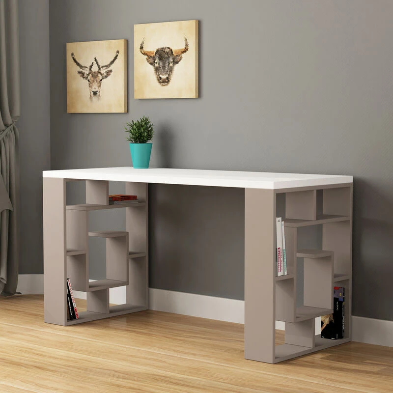 Image of DECORTIE Decortie Labirent Modern Desk With Bookshelf Legs - White / Mocha Grey M.MS.11181.22