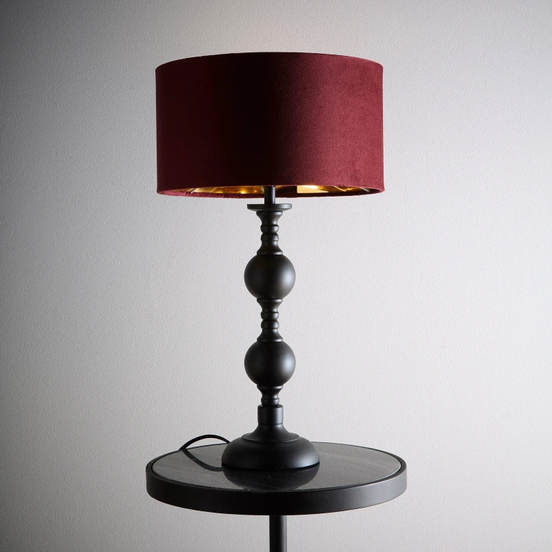 Image of K Living Churchgate Black Metal Base Table Lamp With Red Wine Velvet Shade